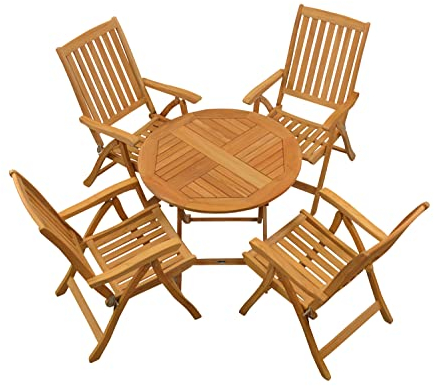 Teak Sitzgruppe 4 Hochlehner klappbar 1 Klapptisch rund 90 cm als Garten-Set