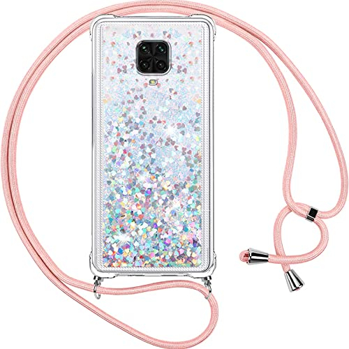 Vauki Handykette für Xiaomi Redmi Note 9 Pro/9 Pro Max/9S 4G Hülle mit Band,Silikon Durchsichtig Transparent Flüssig Glitzer mit Kette Kordel Treibsand Necklace TPU Schutzhülle Case, Silber