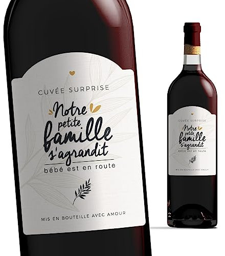 Etiquette bouteille annonce naissance - Notre petite famille s'agrandit - bébé est en route - étiquette vin annonce naissance - annonce grossesse - bébé arrive - faire-part de naissance (1 unité)
