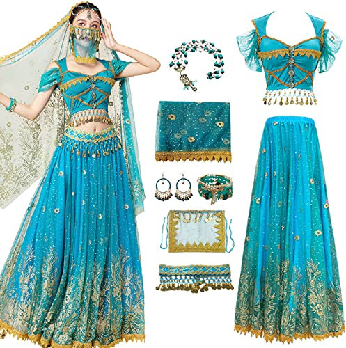YEAJION Damen Prinzessin Jasmin Kostüm mit Zubehör Prinzessin Aladdin Cosplay Kostüm Bauchtanz Outfit Halloween Karneval Party Bühnenauftritt Kostüm für Erwachsene