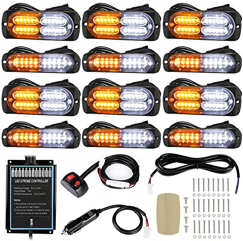 LINKITOM 12pcs Ultra Slim Sync Feature Surface Mount LED Emergency Beacon Hazard Warning Flashing Strobe Lights with Waterproof Controller and Long Heavy Cable for Car Truck Vehicle, Amber/White
