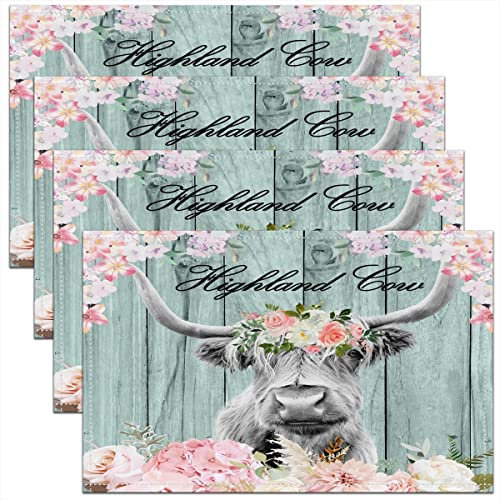 Highland Cow Placemat for Kitchen Dining Table Indoor Outdoor,Highland Cattle Placemats Set of 4 Rustic Wooden Table Place Mats, Western Placemats 45x30cm