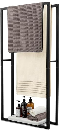 KES Porte-Serviettes sur Pied Noir Double Porte-Serviettes Salle de Bain Porte Serviette avec Base en Marbre 2 Barres Seche Serviette, BTH502-BK