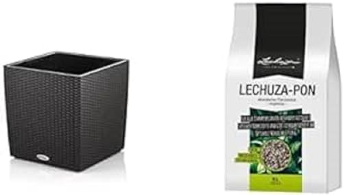 LECHUZA CUBE Cottage 30, Granit, Hochwertiger Kunststoff, Inkl. Bewässerungssystem, Herausnehmbarer Pflanzeinsatz, Für Innen- und Außenbereich + LECHUZA PON 6L freiem Pflanzsubstrat, Neutral