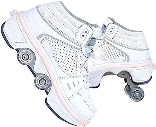 Verstellbare Quad-Rollschuhstiefel, 2-in-1-Mehrzweckschuhe, Wanderschuhe Mit 7-Farben-Lichtern,Weiss,35,HaoAMZ