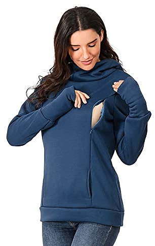Briskorry Damen Stillpullover Winter Baumwolle Langarm Einfarbig Rollkragen Zweilagiges Stillen Sweatshirt Hoodie mit Taschen für Schwangerschaft Basic Stillzeit Umstandsmode Stillshirts Mit Scarf