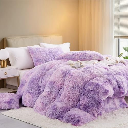 Nyescasa Plüsch Bettwäsche 200x220 Winter Flauschig Warme Flanell Biber Wendebettwäsche Langhaar Flausch Fleece Deckenbezug Tie Dye Violett Bettbezug mit Reißverschluss und 2 Kissenbezug 80x80cm
