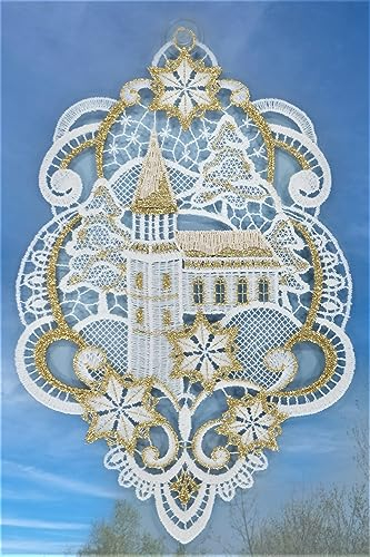 Plauener Spitze Fensterbild Weihnachten Maria Kirche 28 cm Fensterdekoration Weihnachtsdekoration Weiß Gold Fensterschmuck incl. Saugnapf