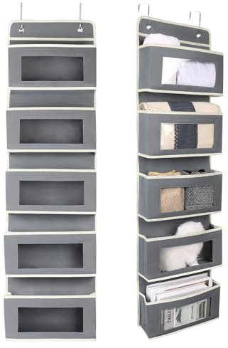 Minicoco 5-Tier Over Door Storage Organiser with Transparent Window, Back of Door Storage for Hats Gloves Scarves Plush Toys Nappies No-Punch Organiser 5-Tier Hanging Over the Door Storage(Grey)