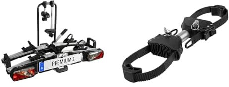 EUFAB 11521 Fahrradträger PREMIUM 2, E-Bike geeignet, komplett vormontiert, Diebstahlschutz, für 2 Fahrräder, für Anhängekupplung & 11579 Strap-Rahmenhalter beidseitig, abschließbar, 15 cm Länge