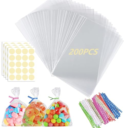 Rhimooay 200 Stück Kleine Tüten für Süßigkeiten, 15x10 cm Plastiktüten Cellophantüten Klein, Süßigkeiten Tüten, Candybar Tüten, Kleine Tütchen Zellophantüten für Hochzeit