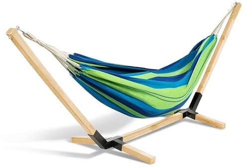 IDMarket - Hamac avec Support Bois et Toile rayée Bleue et Verte Tahiti