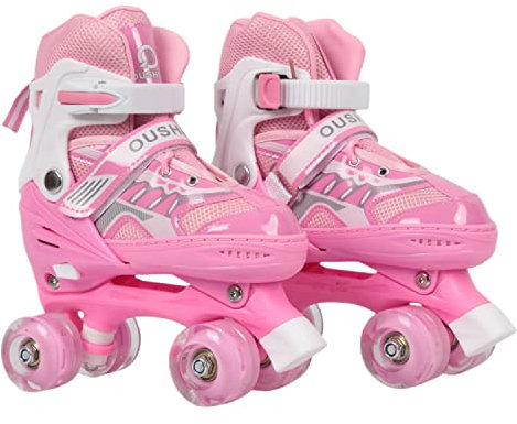 XUANYU Quad Inlineskates für Kinder, ohne Räder, beleuchtet, Rollschuhe, Rosa, Größe S (verstellbar 27 bis 32), bequem und atmungsaktiv, Skates für Mädchen und Jungen, Jugendliche, Anfänger