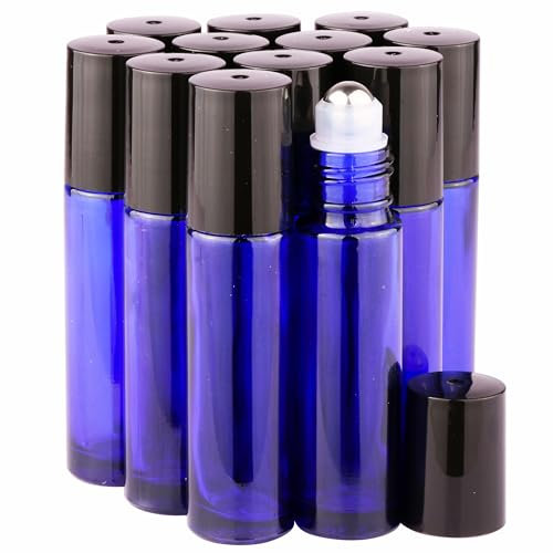 inice 12 Pack,10ml Roller Bottles for Essential Oils Cobalt Blue Glass Stainless Steel Roll On Ball Bottles for Travel