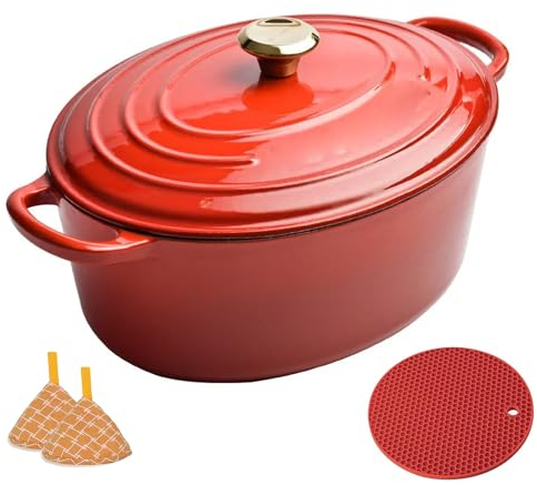 WXFKLDJ 5.5 QT Enameled Oval Dutch Oven Pot with Cotton Potholders, Cast Iron Dutch Oven for Cooking, Bread Baking, Non-Stick Enamel Coated Cookware, Heavy-Duty Cookware,Red