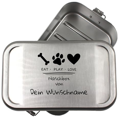 Leckerlidose personalisiert für Hunde mit Namen und Motiv Aufbewahrungsdose für Hundesnacks Geschenkidee für Tierliebhaber Hundekekse und Hundeleckerlis Behälter für unterwegs EAT PLAY LOVE (KLEIN)