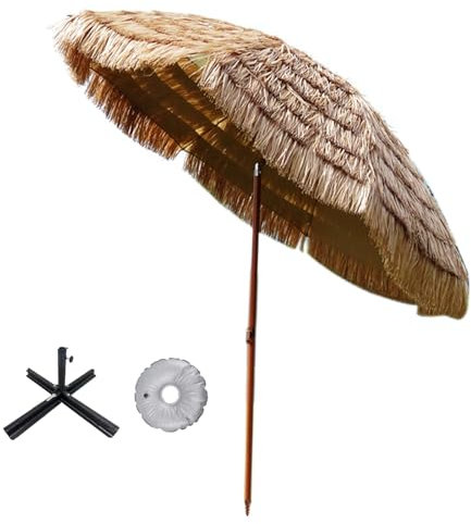 DJJYCTNM Parasol Plage, Parasol Paille, Parasol Exotique Paille avec Sac de Transport Inclinable À Manivelle Naturel (avec Base) (Size : 7.9ft)
