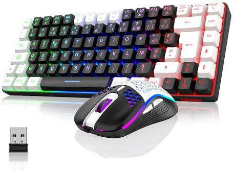 RedThunder K84 Wireless USB Keyboard and Mouse Combo Gamer, French AZERTY, RGB Backlit Rechargeable Battery, TKL Keyboard 75% and Lightweight Honeycomb Optical Mouse 3200 DPI (Black-White)