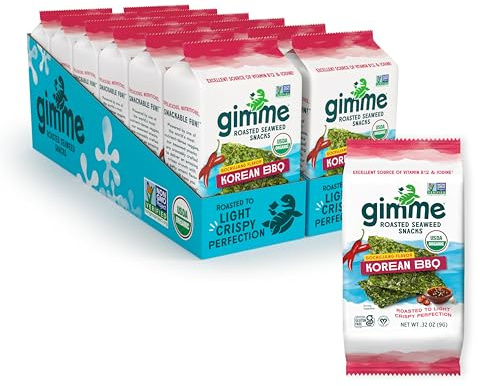Gimme Algas marinas, barbacoa coreana, paquete de 12 unidades, hojas de algas tostadas orgánicas, keto, vegano, sin gluten, gran fuente de yodo y omega 3, aperitivo saludable para niños y niños