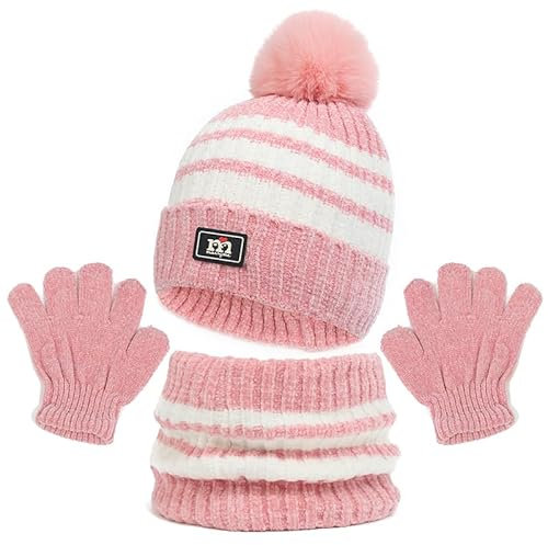 QKURT Ensemble de gants cache-cou pour enfants, bonnet, chapeau, cache-cou, ensemble tricoté chaud pour enfants, bonnet thermique à rayures avec pompons, gants cache-cou, chapeau doux, écharpe