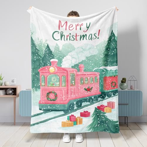Coperta natalizia a forma di treno con locomotiva vintage, color pesca, in morbido pile felpato per l'inverno, decorazione per le vacanze, divano, viaggi, tutte le stagioni, 101 x 127 cm