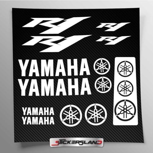 Kit adesivi compatibile con serbatoio e casco moto | Base Vinile Trasparente FACILE APPLICAZIONE Stampa UV | scritte loghi | Stickersland® - R1 (Bianco)