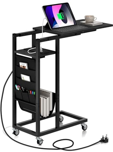 COSTWAY C Shaped Side Table with Charging Station, Rolling Sofa End Table with Retractable Top, Storage Bag and Wheels, Slim Laptop Bedside Table for Small Space, Living Room, Bedroom (Black)