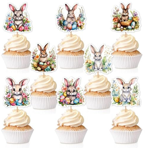 cupcake topper ostern, 24pcs cupcake topper hase, tortendeko ostern, kuchen topper hase, tortendeko kaninchen, cake topper hase, torten topper hase, Süße torten-Dekorationen für Ostern(C)