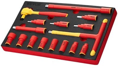 VEVOR Insulated Socket Set, 16-Piece Insulated Wrench Tool Set, 1000V Insulated Socket Tool, with Insulated Sockets, Insulated T-Handle Wrench, Drive Rachet, Extensions, for Electricians Home Repair