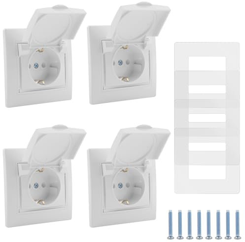 BlueXP Prises Encastrées 1 voie 4 Pièces 16 A 250 V Prise Murale Etanche Intérieure et Extérieure avec Contact, Prise avec Couvercle à Charnière pour Salle de Bain Cuisine Garage Blanc