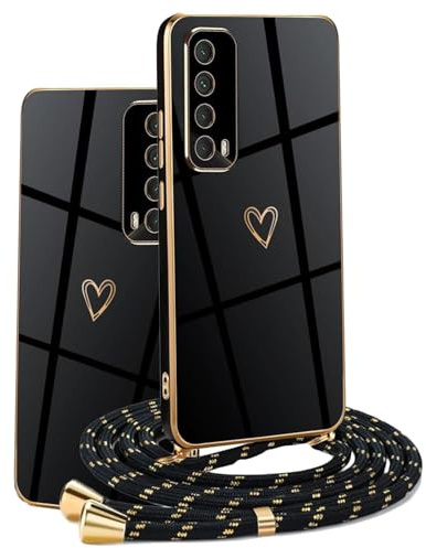 HomiTunky Custodia con Collana per Huawei P Smart 2021, Cover Donna Cuore amore con Cordino, Case con Laccio Tracolla Elettrolitico TPU Cover con Collana per Huawei P Smart 2021,Nero
