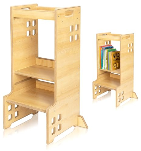 Lionelo Cass Tour d’Observation Montessori 2 en 1 pour Enfant, Naturel | Aide-cuisine avec fonction bibliothèque, 3 hauteurs réglables 22, 33 et 40 cm, jusqu’à 30 kg, stable et facile à déplacer