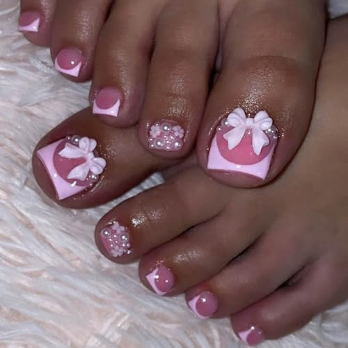 GlamRays Stick-On Toenails Short Square False Toenails with 3D Bow Pearl Design Pink French Toenails Stickers Cute Toenails 24 Pieces