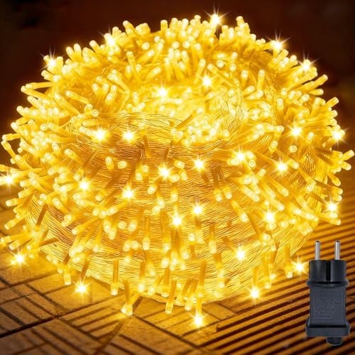 Hopelit Lichterkette Außen 100m 800LEDs Warmweiß, 8 Modi LED Lichterkette Outdoor mit 31V-7.2W Stecker Timer Speicherfunktion IP44 Wasserdicht für Hochzeit Party Balkon (Transparente Kabel)