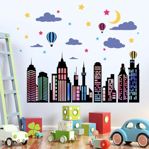 Stadt Wandtattoo für Jungen Zimmer: Abziehen und Kleben Bunte Helden Skyline Gebäude Sterne Heißluftballon Stadtlandschaft Wandaufkleber - Kinderzubehör Alter 1-12 Jahr Wanddekoration Kunst