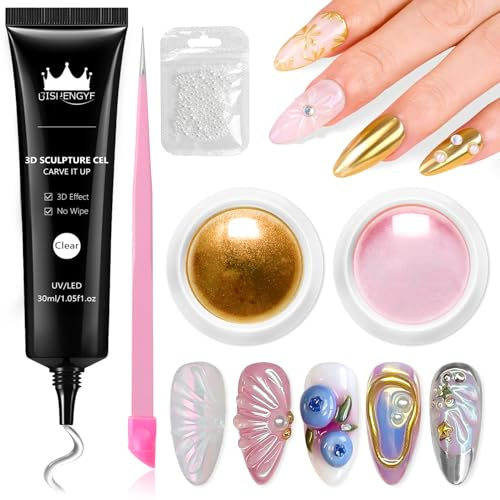 BISHENGYF Chrome Nail Powder Und 3d Gel Nail Art: 30g Clear 3d Gel,2ps Moonlight Aurora Cromepulver NäGel,No Wipe 3d Ge l For Nail s Art Decoration Home(Weiß/Gold)