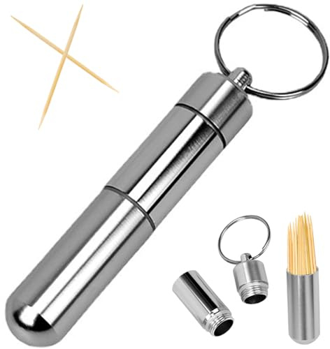 RLMVGBX Pocket Toothpick Holder Waterproof Aluminium Alloy Toothpick Box Metal Pill Case with Key Ring, 2.8 x 0.6 Inch