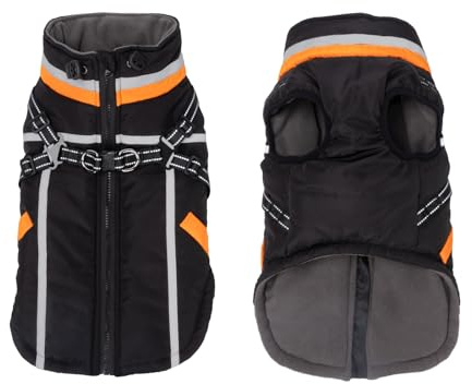 FEimaX Hundemantel Wasserdicht Winddichte Winter Fleece Hundejacke mit Geschirr Hund Wintermantel Warme Weste Reflektierende Verstellbar Haustier Kleidung für Kleine Mittelgroße Hunde (L, Schwarz)