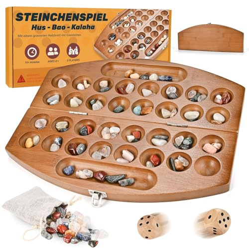 Wooderma Hus Bao Kalaha Steinchenspiel Mancala aus Holz | Mit Edelsteinen, Edelsteinspiel, Muschelspiel, Strategiespiel, Bohnenspiel für 2 Spieler