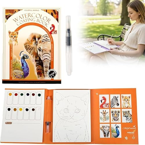 NANASUGUR 12 Farbe Tragbar Aquarell Set, Malbuch für Erwachsene mit Wasserfarben & Pinseln, Anfängerfreundlich Ausmalbuch für Erwachsene, Ideal für Zuhause Schule Reisen&Geschenk