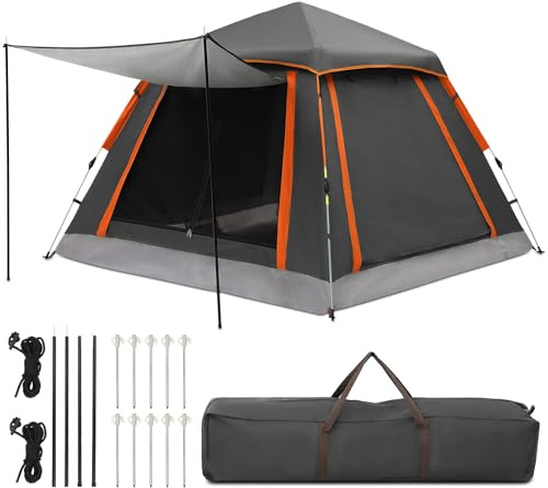 HAUSPROFI Zelt 2-3 Perosonen Pop Up Zelt, Camping Zelt mit Vorzelt Fenster, Große Wasserdicht Automatisches Wurfzelt, Doppeltürlüftung, Moskitoschutz, 2 Schichten Kuppelzelt für Camping Familien, Grau