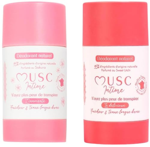 MUSC INTIME La Marque Officielle - Lot de 2 - Déodorants Anti transpirants - Duo Découverte - Sakura & Sweet Litchi - L'Innocente & La Délicieuse - Protège et Parfume - 2x 50g