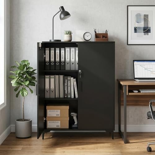 ZECIIYE Aktenschrank Abschließbar 80x40x100cm, Büroschrank, Mehrzweckschrank mit 2 Türen & Verstellbaren Regalen, Schrank Abschließbar für Arbeitszimmer, Wohnzimmer und Büro, Schwarz