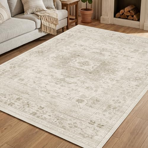 Autsel Vintage Teppich Wohnzimmer 160x230cm, Creme Teppich Schlafzimmer | Waschbarer Boho Teppich, Rutschfest Läufer Teppiche, Pflegeleicht Teppich Gegend für küche, Büro, Esszimmer, Flur