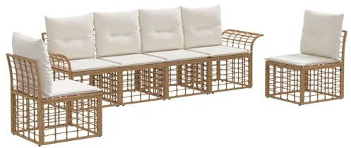 vidaXL Outdoor-Sofagarnitur 6 pcs Natürlich und Cremweiß Polyester, Moderner, wetterfester Outdoor-Sofa, modulares Design, verstellbare Füße, Garten-Lounge-Set