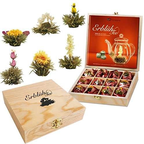 Creano Juego de Regalo de Flores de Té en una Caja de Madera, Té blanco | 12 Flores de Té con 6 Tipos diferentes | neto ca. 78g