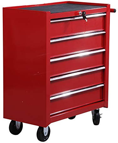 HOMCOM Carro Caja de Herramientas Taller movil con 5 cajones 4 Ruedas Chapa de Acero Rojo