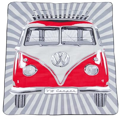 BRISA VW Collection - Volkswagen Coperta da PIC nic con Strato Impermeabile, Dotata di Borsa da Trasporto, Camper T1 Bus VW Design (Strisce Samba/Rosso)