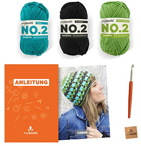 myboshi Häkelset Mütze Yanai, inkl. No.2 Wolle, Nadel und Anleitung, Sommermütze, Häkelpaket, 85% Baumwolle, 15% Kapok Grün mit Häkelnadel