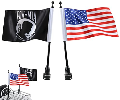 E-Most 15,2 x 22,9 cm Amerikanische Flagge + POW MIA You are Not Forgotten Flagge + 2 schwarze verstellbare Fahnenmast-Halterung Set für Harley Davidson Honda Goldwing CB VTX CBR Yamaha